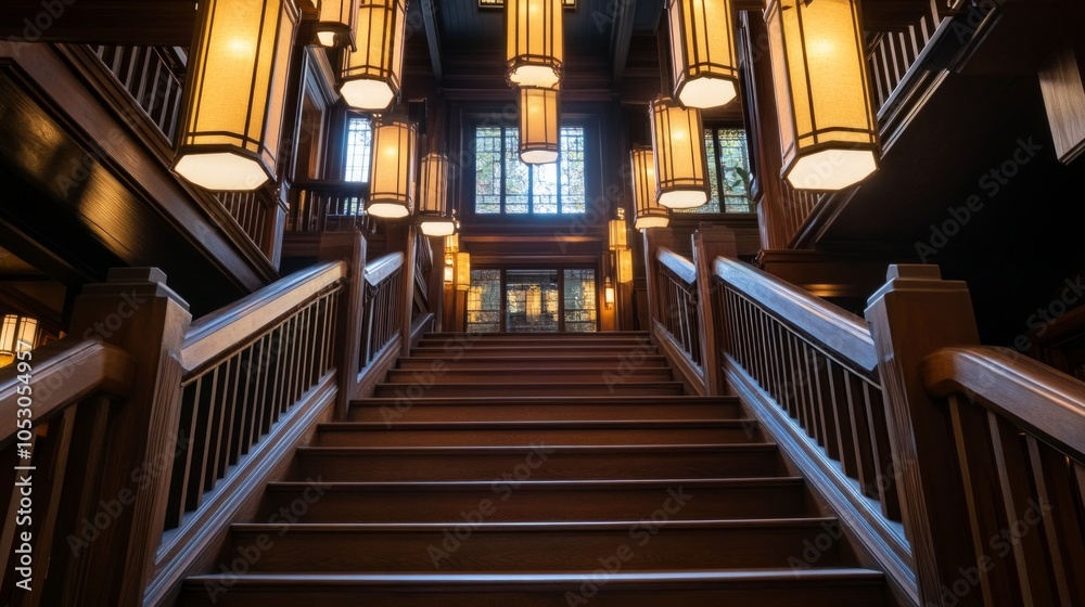 Fototapeta premium Renovated staircase with Arts and Crafts-inspired railings, surrounded by natural materials and contemporary lighting fixtures.