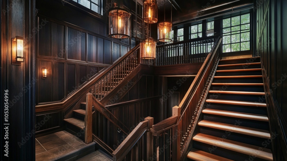 Obraz premium Renovated staircase with Arts and Crafts-inspired railings, surrounded by natural materials and contemporary lighting fixtures.