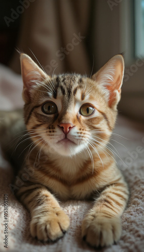 Brown Tabby Kitten Lying Indoors with Cute and Curious Expression