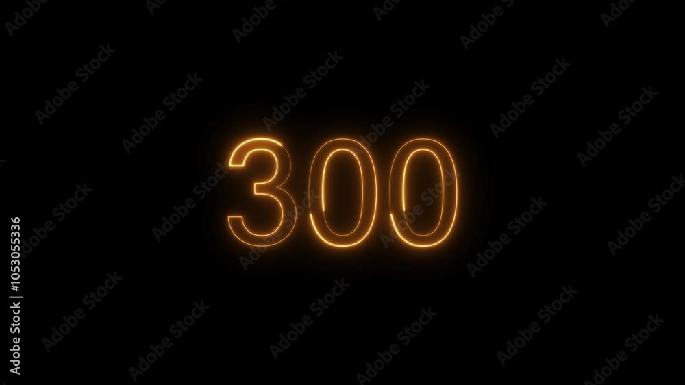 Abstract neon countdown 300 number neon glowing orange color animation. Black background 4k video. Abstract neon countdown 300 number neon glowing orange color animation. Black background 4k video.