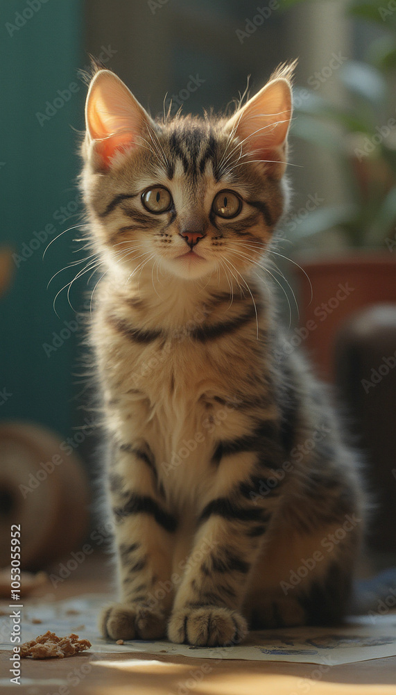 Young Tabby Kitten Sitting Indoors with Alert and Curious Expression Young Tabby Kitten Sitting Indoors with Alert and Curious Expression