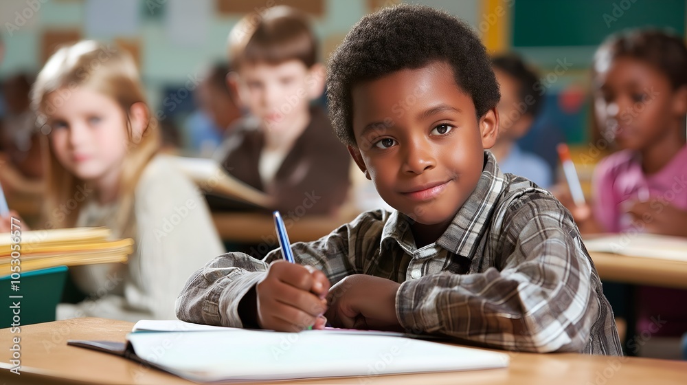 A vibrant and uplifting scene features a young boy sitting confidently at his desk in a classroom. His warm smile reflect his enthusiasm and love for learning and education. A vibrant and uplifting scene features a young boy sitting confidently at his desk in a classroom. His warm smile reflect his enthusiasm and love for learning and education.