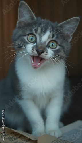 Playful Tabby Kitten Yawning Indoors with Happy and Energetic Expression photo