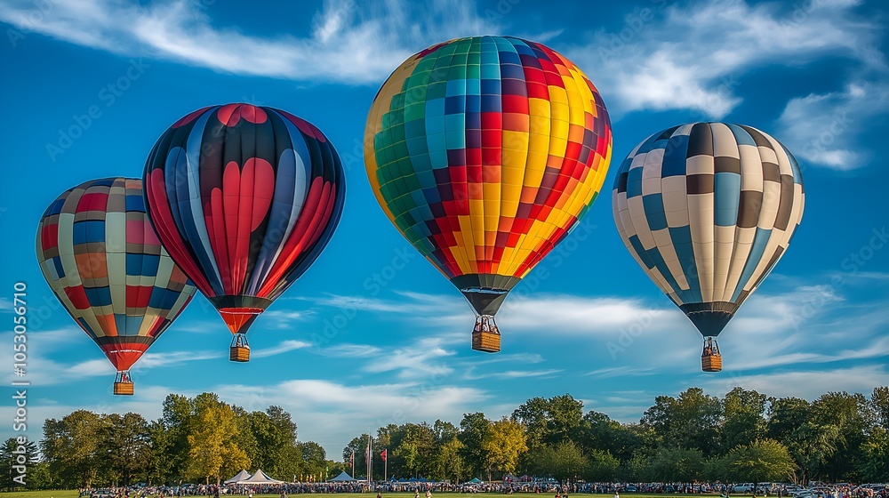 Fototapeta premium Vibrant festival of hot multicolored air balloons of various shapes and patterns floating in the vast blue sky,creating a mesmerizing and joyful spectacle for onlookers gathered below.