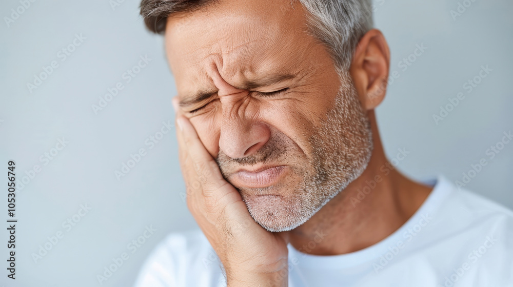 Obraz premium man holding his jaw in pain, expressing discomfort and distress, possibly due to dental issue. His facial expression conveys sense of urgency and need for relief
