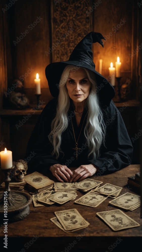 A mysterious witch conducting a fortune-telling session by candlelight in an enchanted setting A mysterious witch conducting a fortune-telling session by candlelight in an enchanted setting