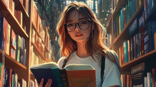 Hipster student in her 21s with glasses, confidently holding a stack of books in a cozy photo