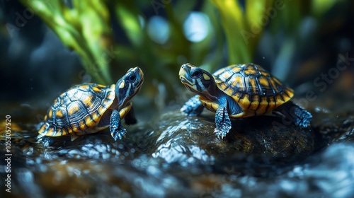 Little turtle slowly crawls forward. photo