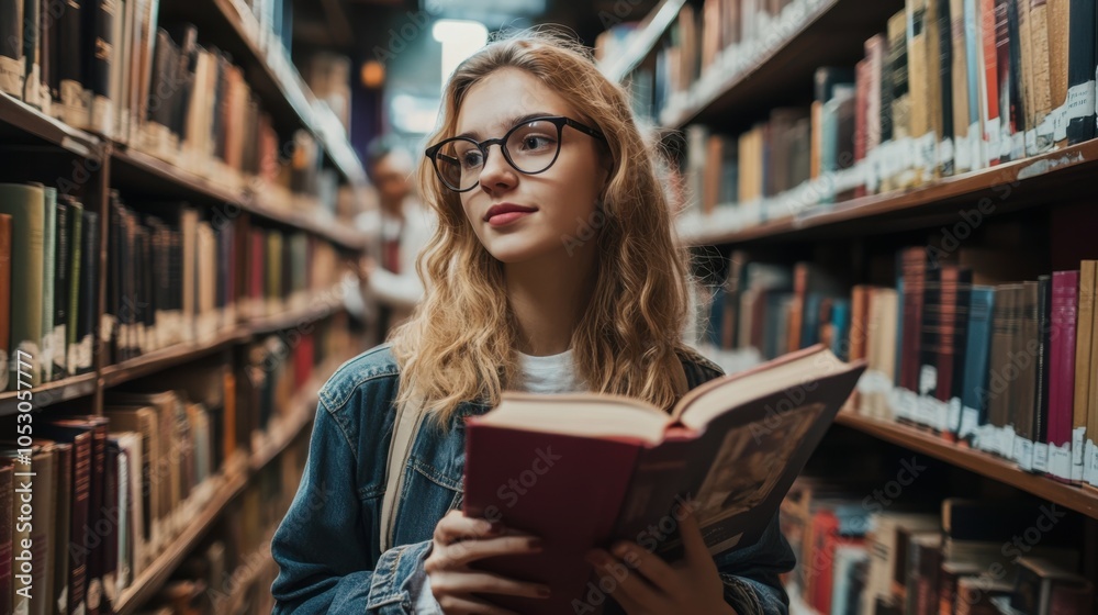 Hipster university student in her 12s with glasses, surrounded by bookshelves, holding Hipster university student in her 12s with glasses, surrounded by bookshelves, holding