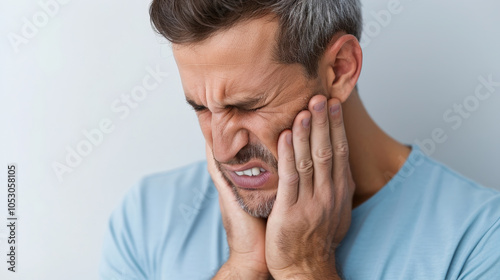 man is holding his jaw in pain, expressing discomfort and distress. His facial expression indicates struggle with dental issues, highlighting emotional impact of oral pain