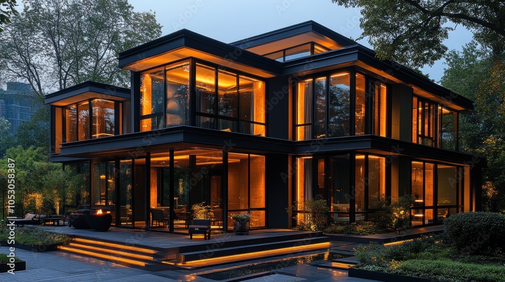 Obraz premium Modern glass house illuminated at dusk with lush surroundings.