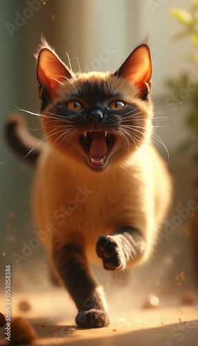 Playful Siamese Kitten Running Indoors with Joyful and Energetic Look photo