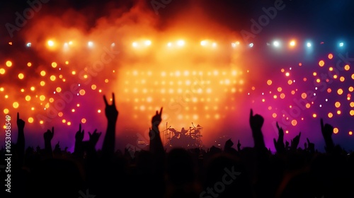 Vibrant concert atmosphere with colorful lights and cheering crowd. photo