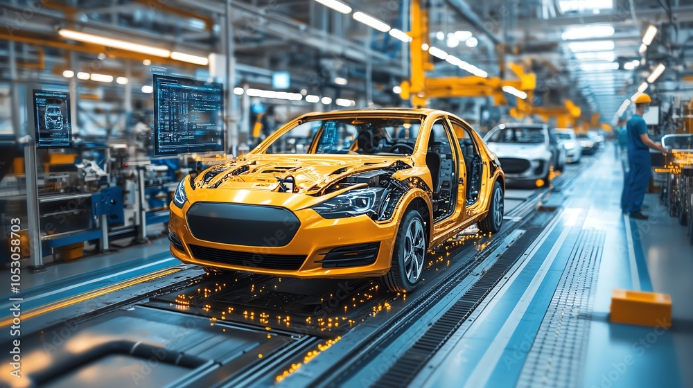 Yellow car assembly line in modern manufacturing plant. Yellow car assembly line in modern manufacturing plant.