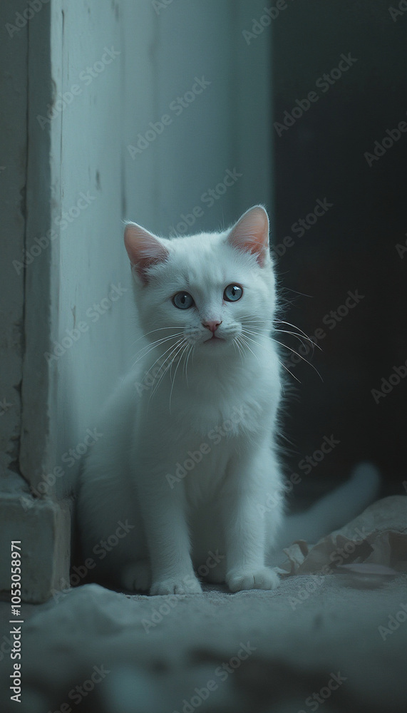 Fluffy White Kitten Sitting Indoors with Innocent and Calm Look Fluffy White Kitten Sitting Indoors with Innocent and Calm Look