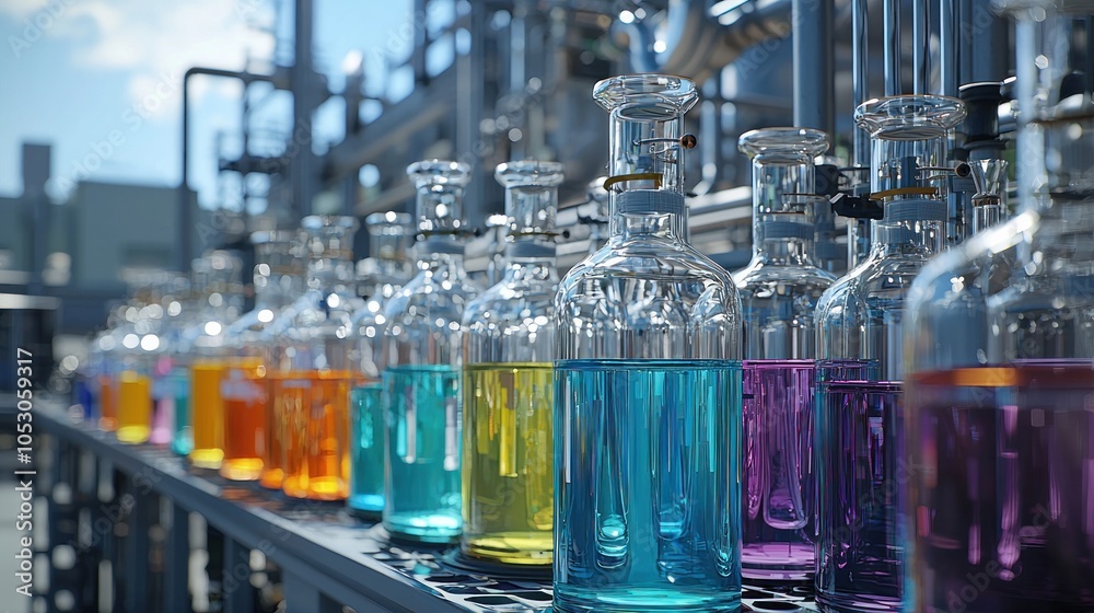 Row of colorful chemicals in glass bottles in a laboratory. Science and research concepts. Row of colorful chemicals in glass bottles in a laboratory. Science and research concepts.