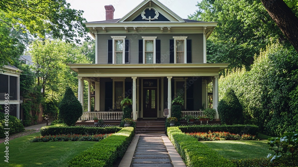 Charming Grey Victorian House with Lush Green Landscaping Charming Grey Victorian House with Lush Green Landscaping