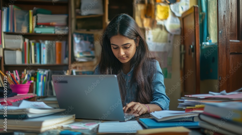 Indian student at home working on her computer, with a study desk setup including Indian student at home working on her computer, with a study desk setup including