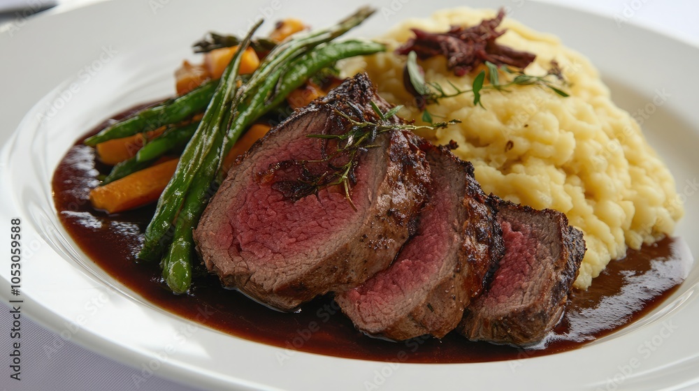 Succulent Beef Dish with Vegetables and Mashed Potatoes Succulent Beef Dish with Vegetables and Mashed Potatoes