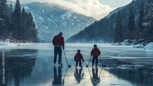 Father and son playing ice hockey together on the frozen lake photo