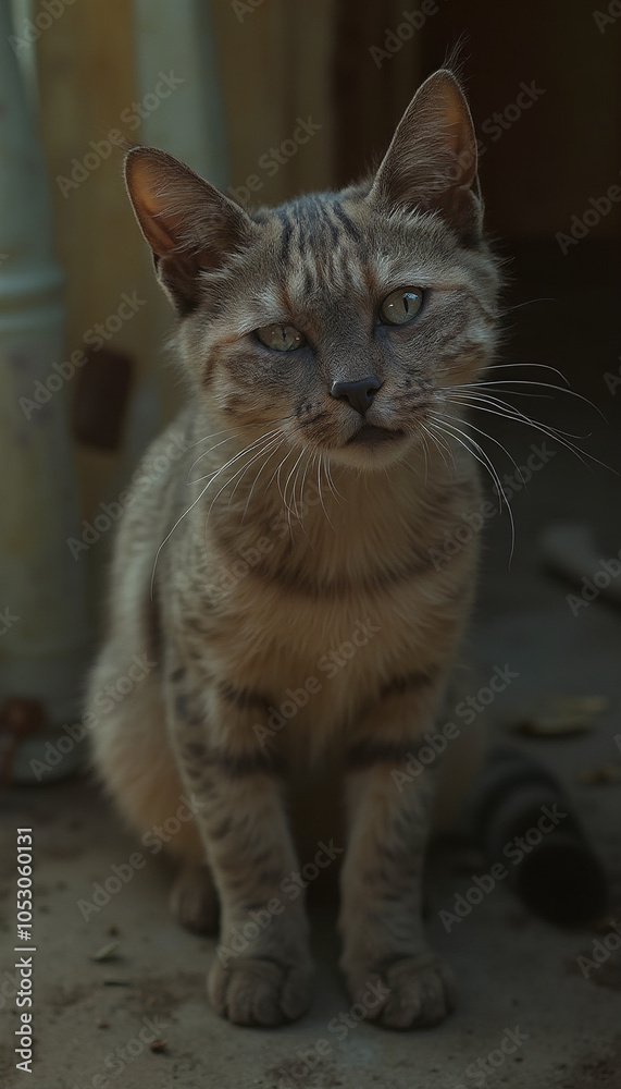 Serious Gray Tabby Cat Sitting Indoors with Intense and Focused Look Serious Gray Tabby Cat Sitting Indoors with Intense and Focused Look