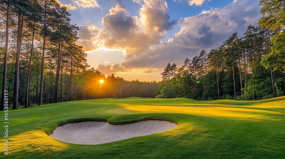 Obraz premium A stunning sunset over a serene golf course, with lush green lawns and a sand trap, perfect for nature and sports enthusiasts.
