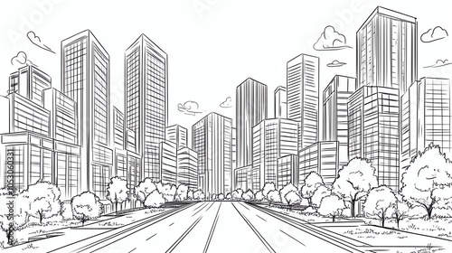 A black and white sketch of a city street, with skyscrapers and trees.