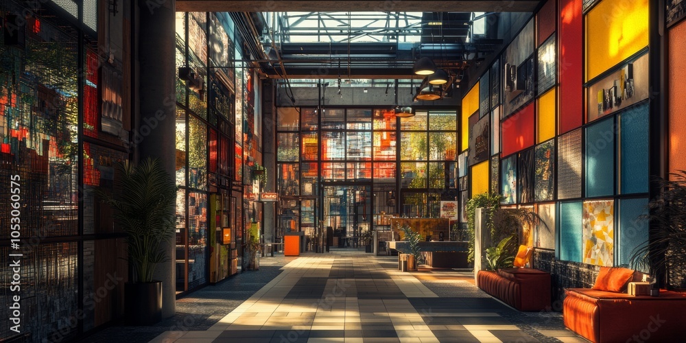 Fototapeta premium Vibrant urban mosaic landscape featuring warm industrial decor, lively colors, and intricate patterns creating an engaging city atmosphere