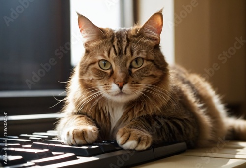 A cat sprawled on a keyboard, blocking the screen. Ai generated image.