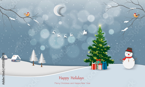 Merry Christmas and Happy new year background with Santa Claus coming to the village on winter night