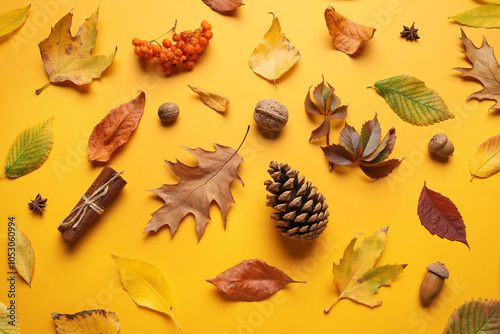 Composition with beautiful fallen leaves, natural forest decor and spices on orange background