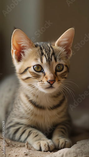 Calm Tabby Kitten Sitting Indoors with Relaxed and Curious Expression