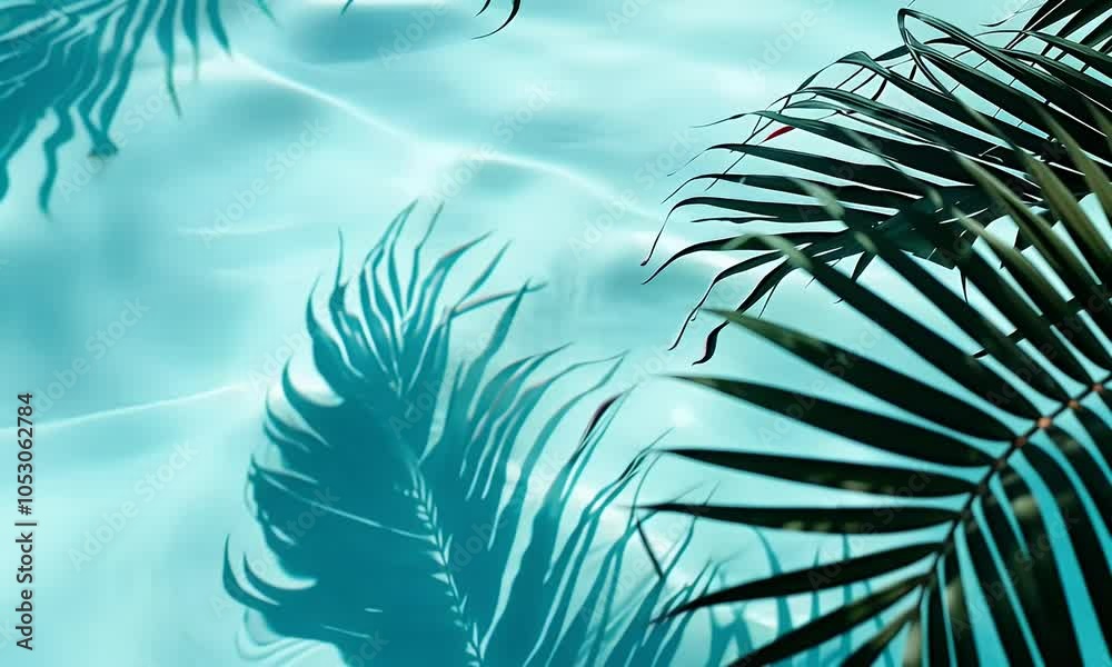 
A light blue water surface with palm leaves shadows on it, creating an abstract and calming background