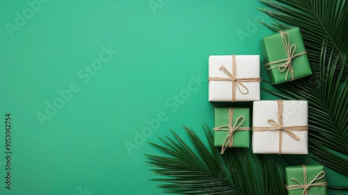 Eco-friendly holiday gifts arranged with Green Monday sale signs, festive and bright