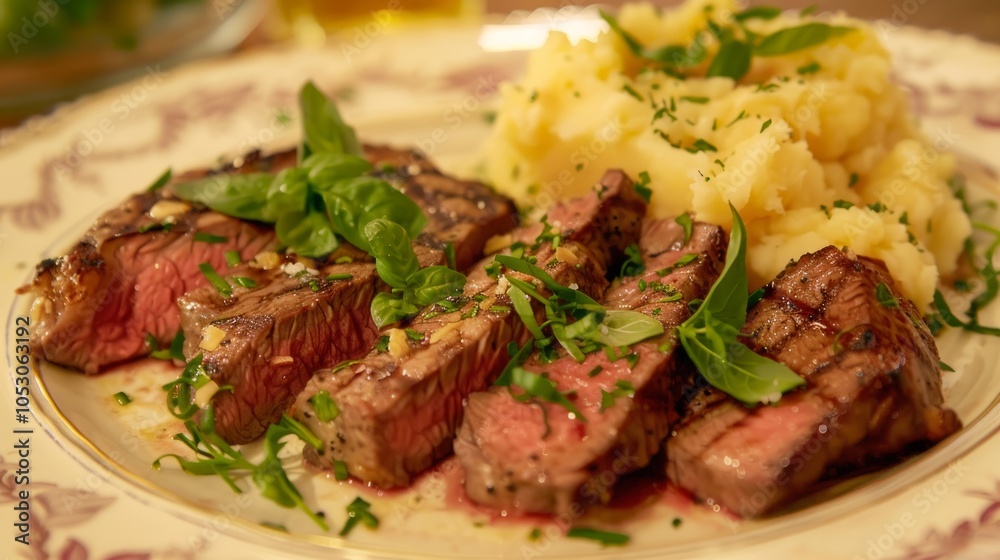 Elegant Plate of Medium-Rare Steak and Creamy Mashed Potatoes Elegant Plate of Medium-Rare Steak and Creamy Mashed Potatoes
