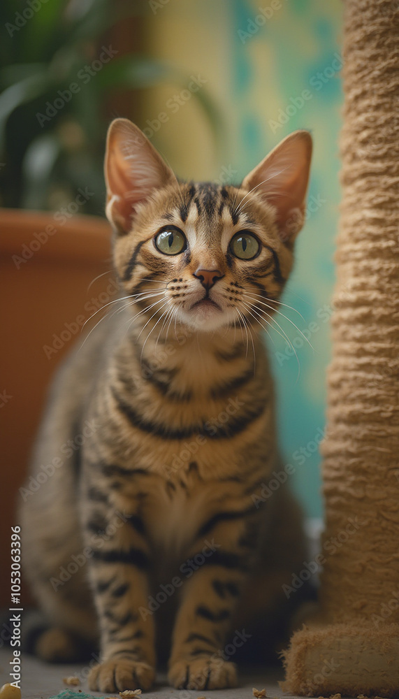 Fototapeta premium Playful Tabby Kitten Climbing Scratching Post Indoors with Energetic Look