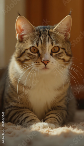 Calm Tabby Kitten Relaxing on Soft Blanket with Serene and Cozy Look