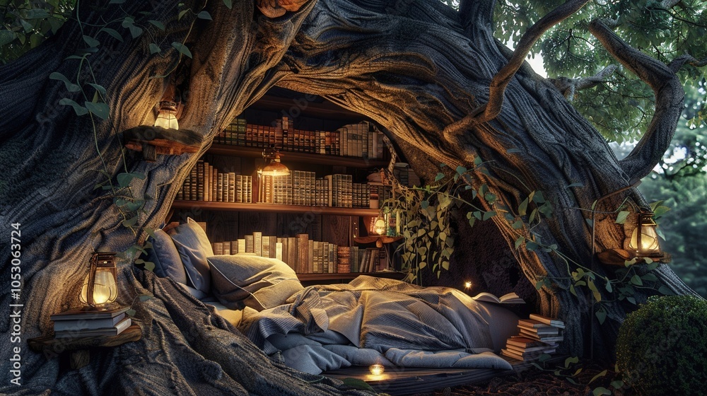 A cozy hidden reading nook within a gigantic ancient tree A cozy hidden reading nook within a gigantic ancient tree