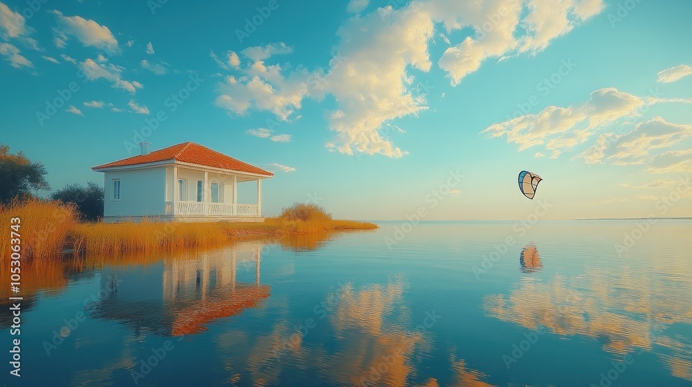 Fototapeta premium A white house with a red roof stands on the shore of a calm lake with a kite surfer in the distance under a blue sky with white clouds.