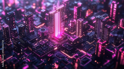 A futuristic city built on a circuit board, with glowing pink lights.