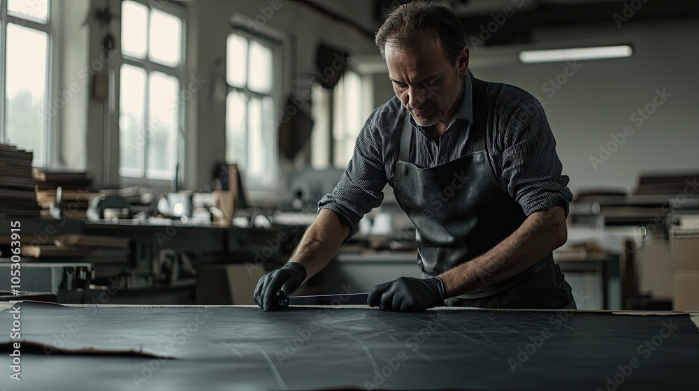 Artisan Crafting Leather in Workshop Environment Artisan Crafting Leather in Workshop Environment