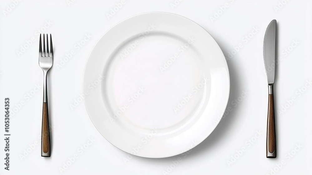Plain White Plate with Fork and Knife on White Background Plain White Plate with Fork and Knife on White Background