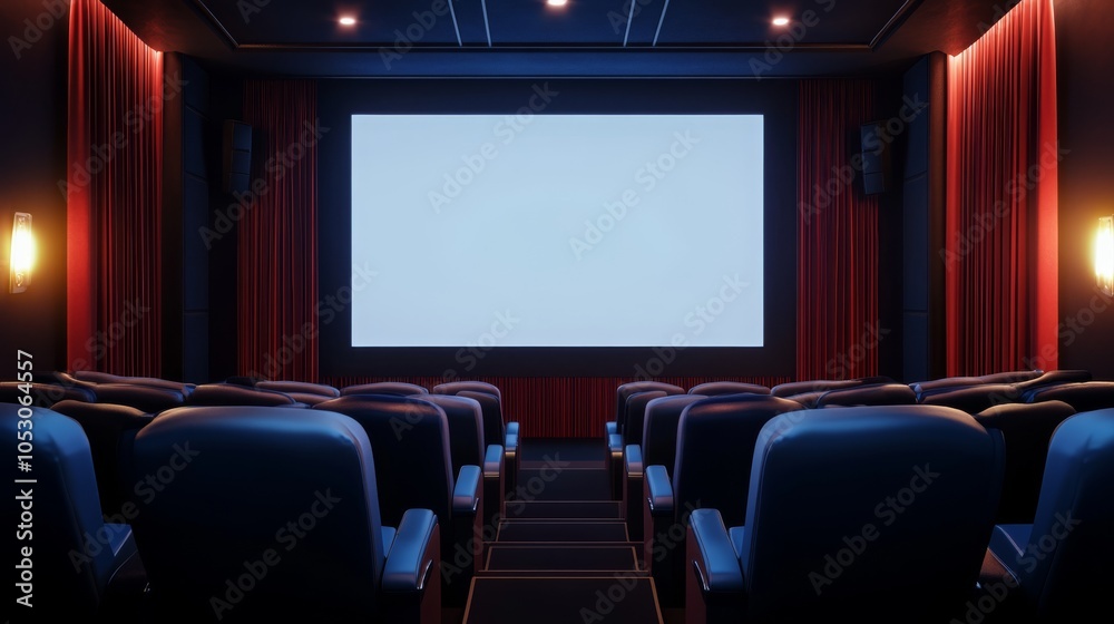 Fototapeta premium A modern cinema interior featuring empty seating and a blank screen, set against a dark ambiance with red drapes and soft lighting.