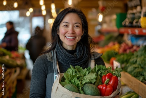 Eco-Friendly Shopping for Earth Day and Thanksgiving Asian Woman with Reusable Bag at Local Market