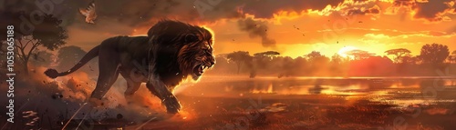 A dramatic rendering of a fierce lion prowling through a savannah landscape at sunset