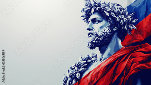 Greek god wearing laurel wreath and draped in the french flag, with large empty background space, evoking the olympic spirit in paris. Greek Olympian Games. Illustration