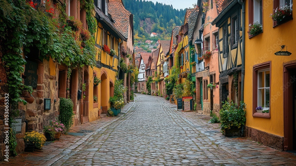 Fototapeta premium Cobblestone Street in a Quaint European Village