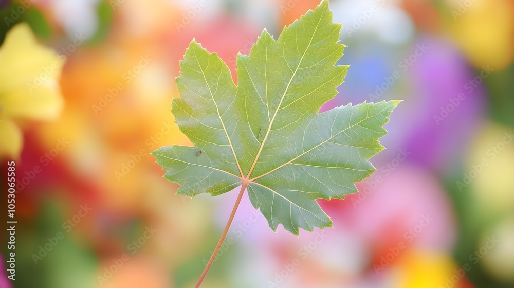 130. A close-up of a leaf with soft edges, against a blurred background of colorful flowers 130. A close-up of a leaf with soft edges, against a blurred background of colorful flowers