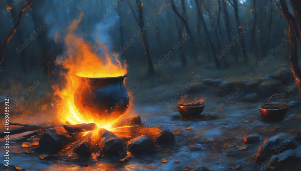 A mystical cauldron simmers with vibrant flames in a shadowy forest under a starry sky during twilight hours A mystical cauldron simmers with vibrant flames in a shadowy forest under a starry sky during twilight hours