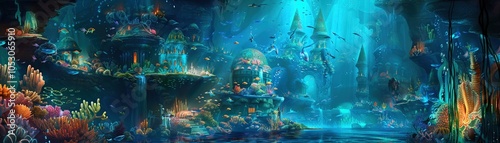 A fantasy scene of a magical underwater kingdom